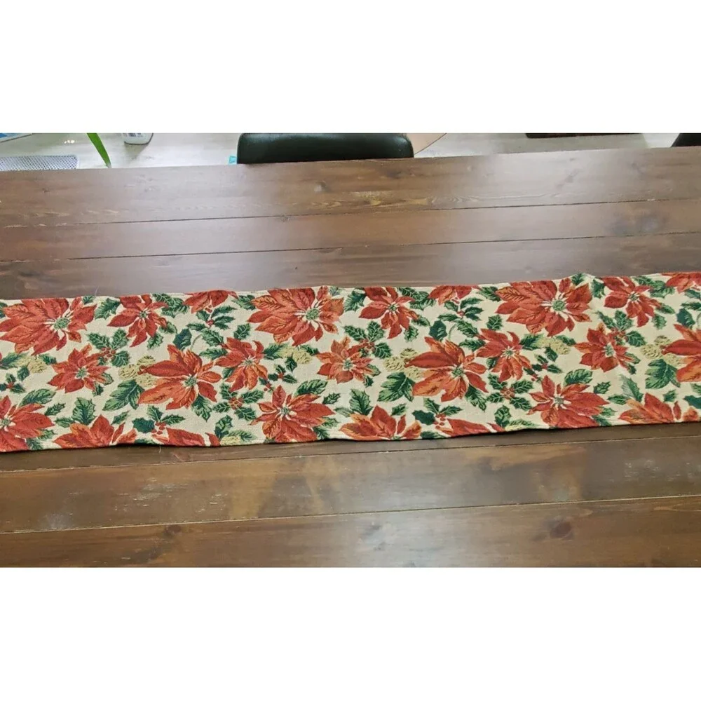 Table Runner Red Green Cream Gold Poinsettias Tapestry 70x12